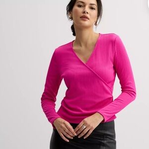 NINE WEST Fuchsia Pink Textured Wrap Front Long-Sleeve Top XL NWOT